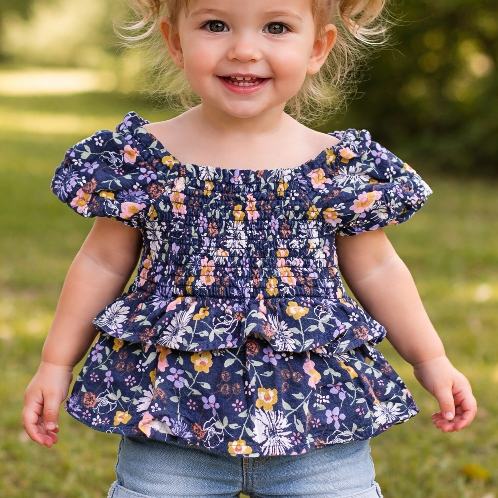 okie dokie Navy Floral Smocked Off-Shoulder Top